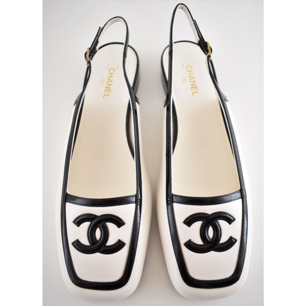 Chanel 26B White Black Square Toe CC Logo Slingback Ballet Ballerina Flat 39 - Picture 14 of 16